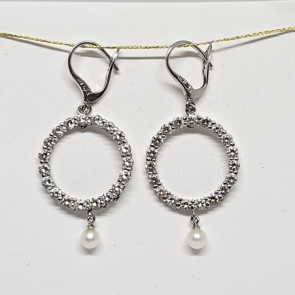 Premier Designs 925 Sterling Silver CZ Crystal Pearl Dangle Earrings Circle - Picture 11 of 12